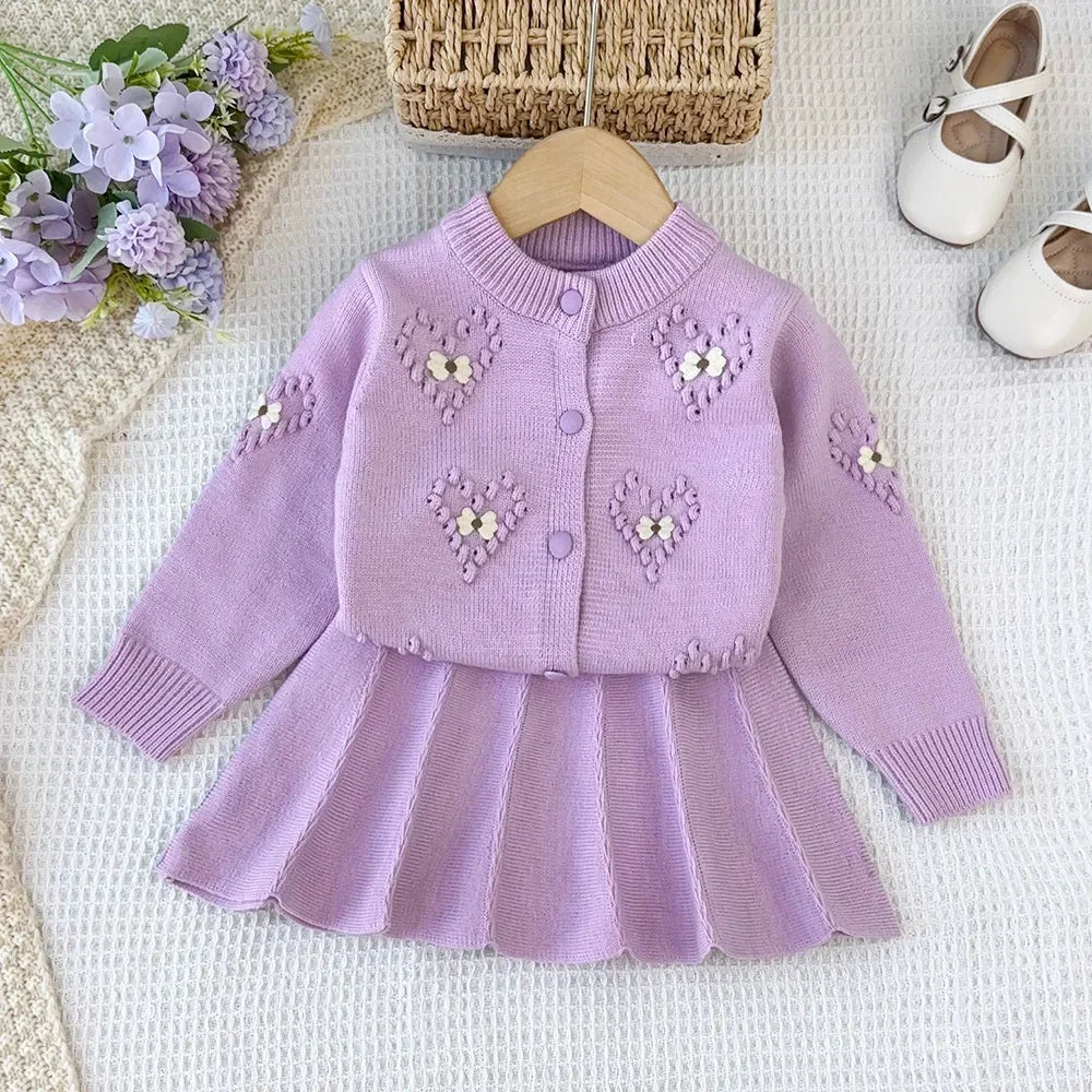 Girls' Pink Flower Cardigan & Skirt Set