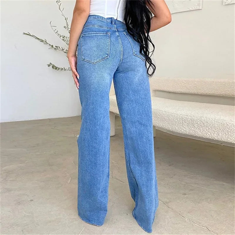 Comfortable High-Waist Knee-Broken Straight Jeans for Women