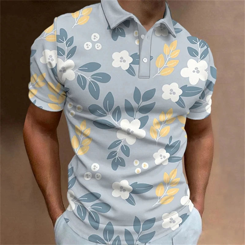 Men's Polo Shirt Fashion 3D Printed Flower Pattern Lapel Short Sleeve Top Summer New Leisure Vacation Street Breathable Clothing