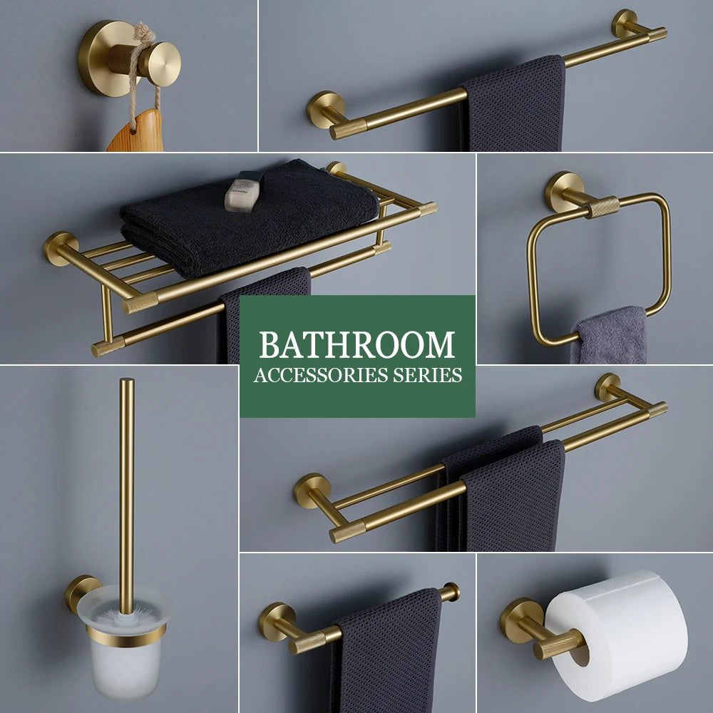 Brushed Gold Bathroom Hardware Set with Towel Bar and Hooks