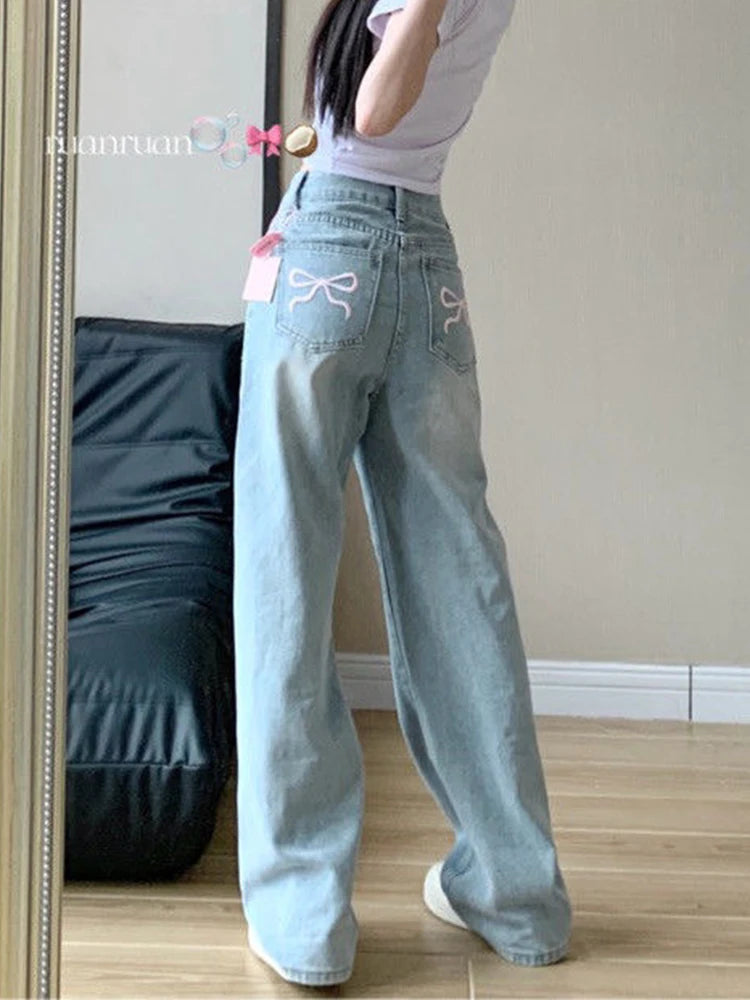 Korean Light Blue High-Waist Wide Leg Jeans