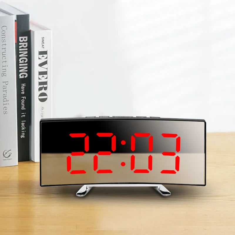 Creative Curved LED Clock with Mirror & Dual-Purpose Alarm