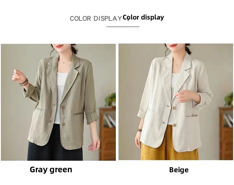 Blazer d'été à manches longues en coton et lin d'inspiration vintage avec col à revers