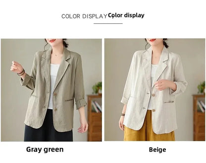 Blazer d'été à manches longues en coton et lin d'inspiration vintage avec col à revers