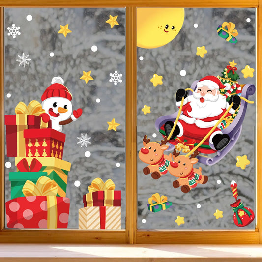 Autocollants de fenêtre de noël de dessin animé, décor de noël d'élan de père noël pour miroirs muraux festifs