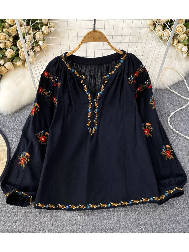 Autumn Flower Embroidered V-Neck Blouse