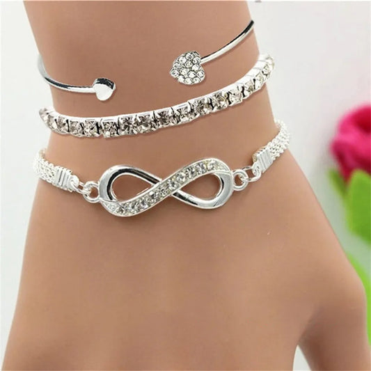 Vintage Set Silber Farbe Kristall Strass Herz Armbänder für Frauen Mode Geometrische Einstellbare Unendlichkeit Manschette Armreif Schmuck