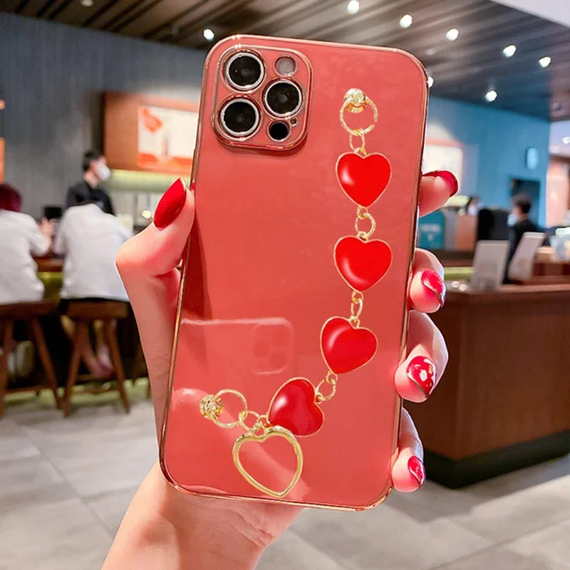 Fashion Plating Love Heart Bracelet Chain Case For iPhone 15