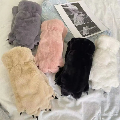 Gants en peluche pour femmes avec pattes d'ours - Mitaines chaudes et moelleuses pour animaux