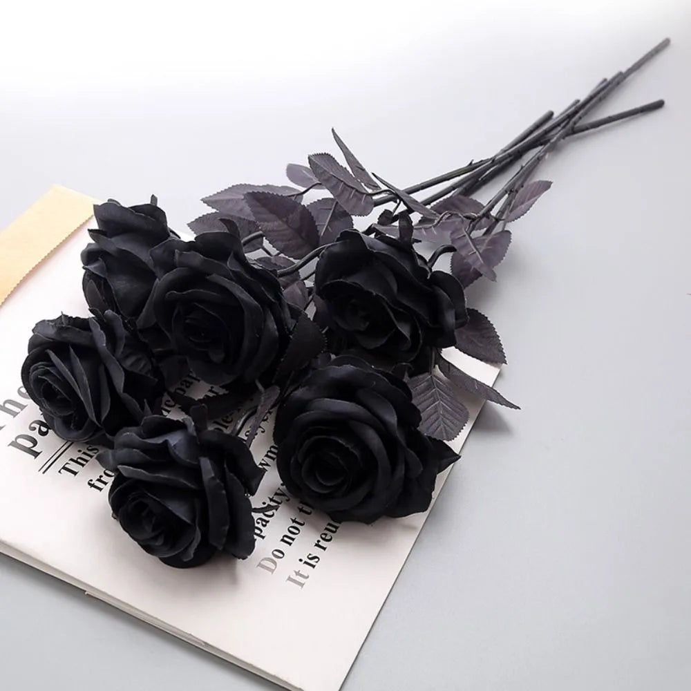 Lot de 5 têtes de roses noires en soie pour décoration de maison et d'événements