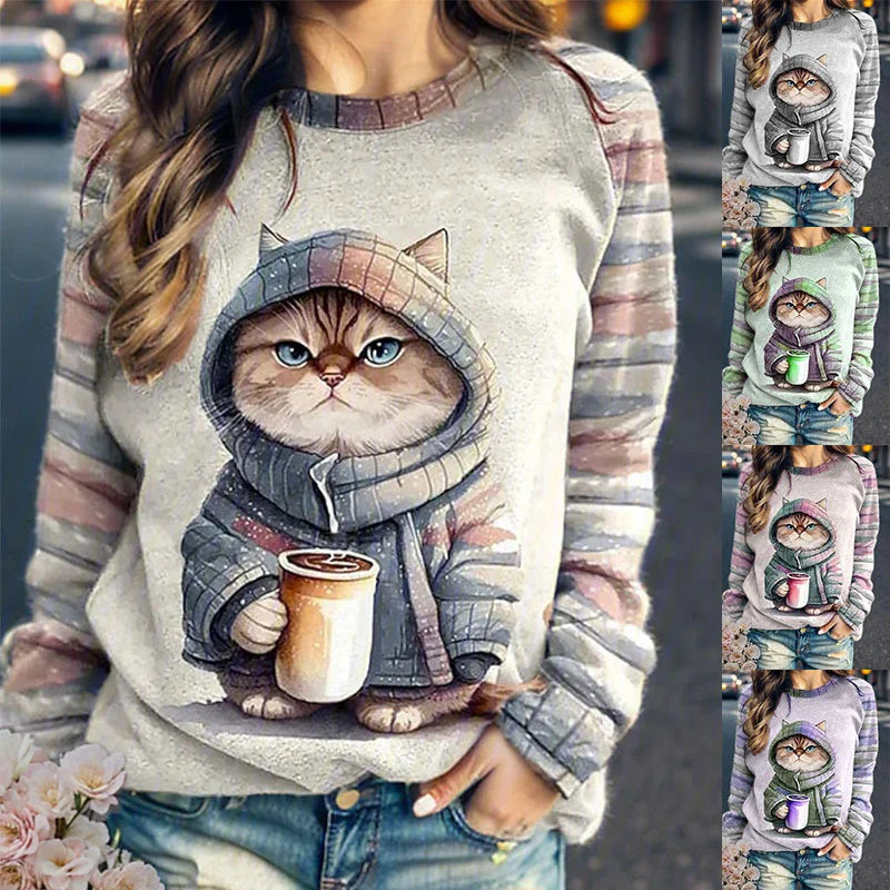 Funny Cat Print Cotton T-Shirts Cute Long Sleeve Sweatshirts