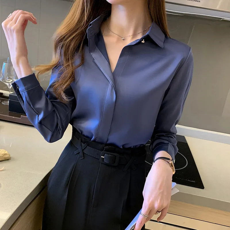 Chic Solid Satin Long Sleeve T-Shirt for Women's Fashion