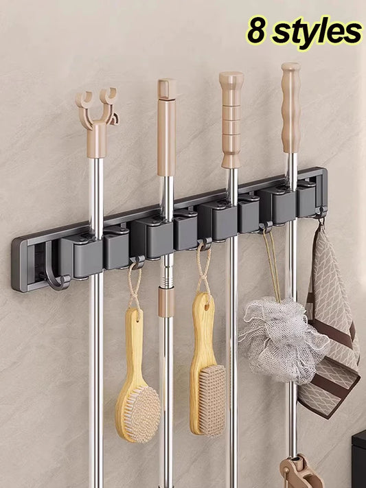 Wall-Mounted Mop and Broom Holder Rack with 5 Hooks