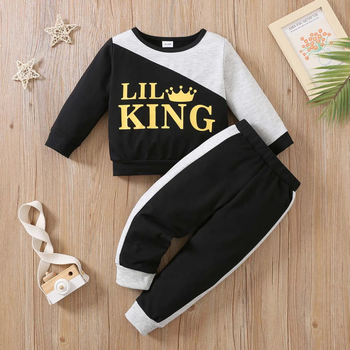 Crown Color Matching 2pcs Autumn Boys Long Sleeved - Pullover Baby Suit