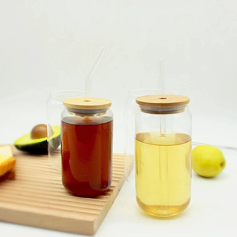 Tasse en verre créative en forme de canette avec couvercle en bambou