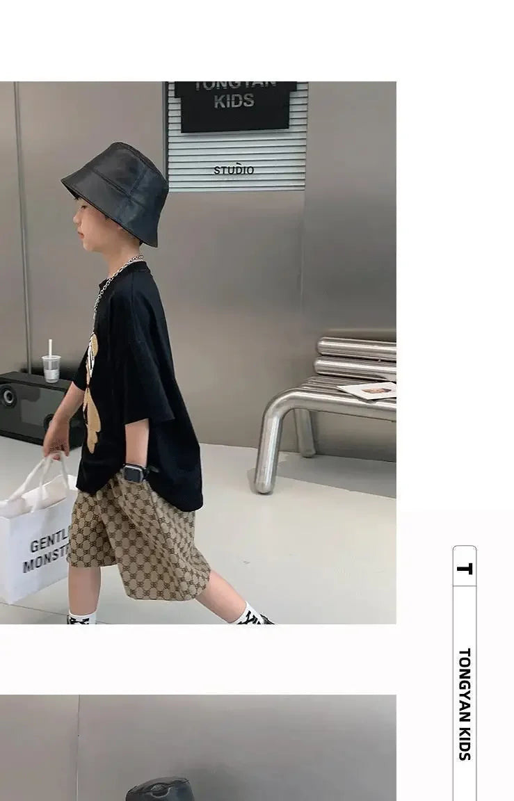 Baby Boy Cotton Embroidered Top with Brown Drawstring Pants