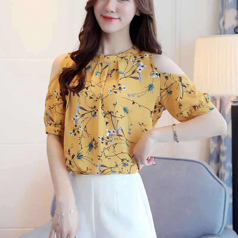 Off-shoulder Floral Chiffon Summer Women Blouse