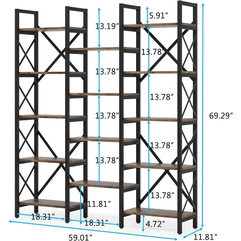 Triple Wide 5-Shelf Bookcase - Etagere Large Open Metal Vintage Wood Shelves