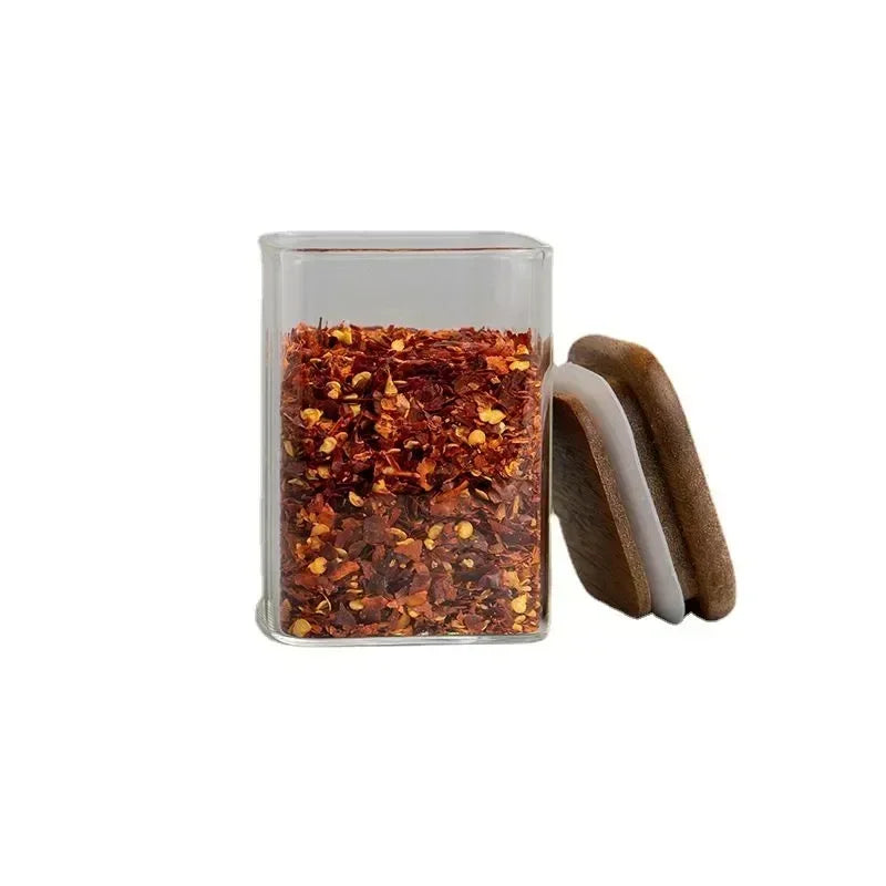 Acacia-Covered Square Glass Spice Jars