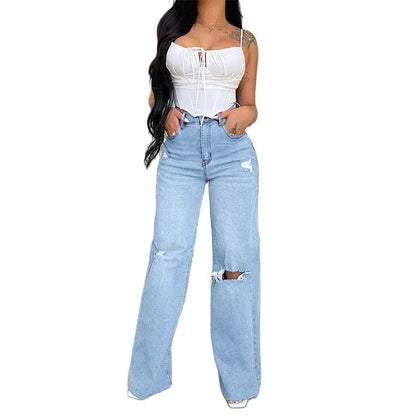 Shop High-Waist Knee-Ripped Straight Jeans