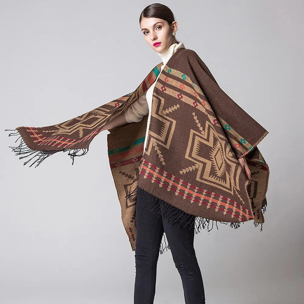 Cozy European American Cashmere Poncho with Ethnic Prints