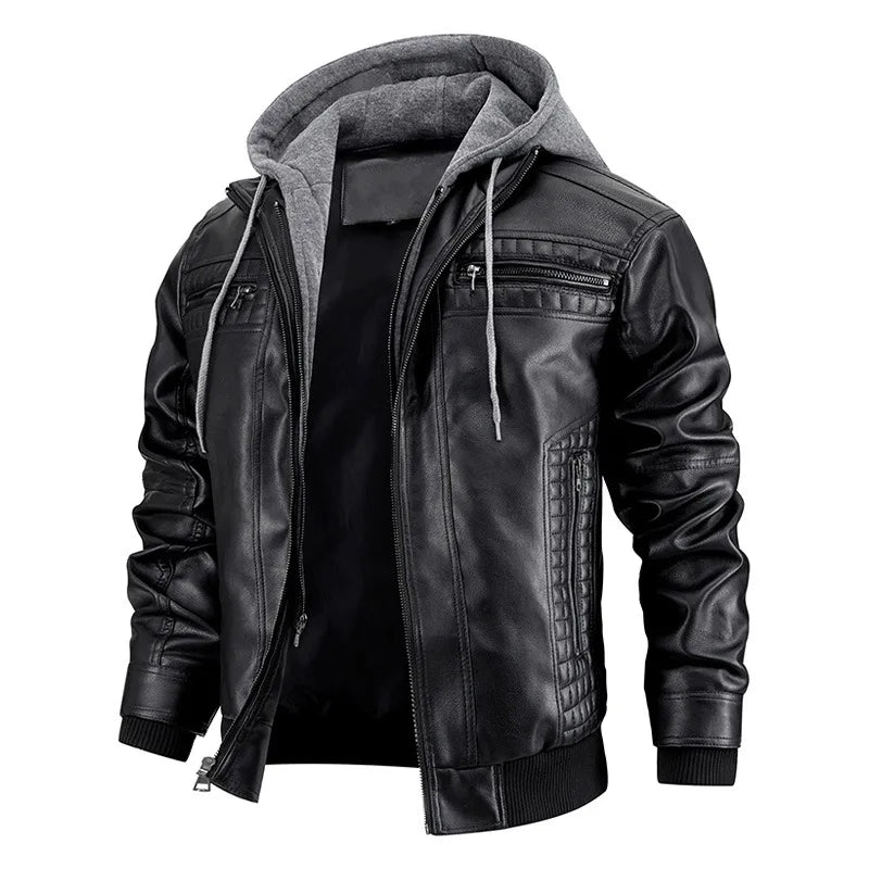 Slim Fit Motorradjacke aus Leder mit Kapuze