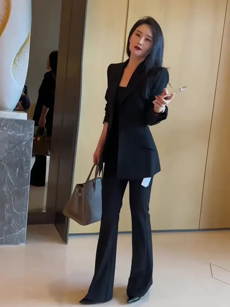 Women's Black Blazer and Wide Leg Pants Suit for Autumn Winter