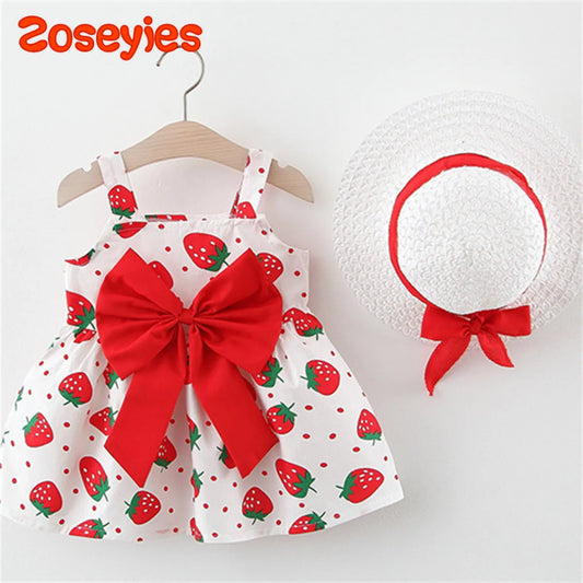 Baby Girls Strawberry Print Chest Bow Knotted Dress & Hat