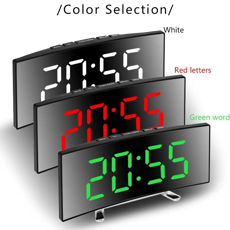 Creative Curved LED Clock with Mirror & Dual-Purpose Alarm