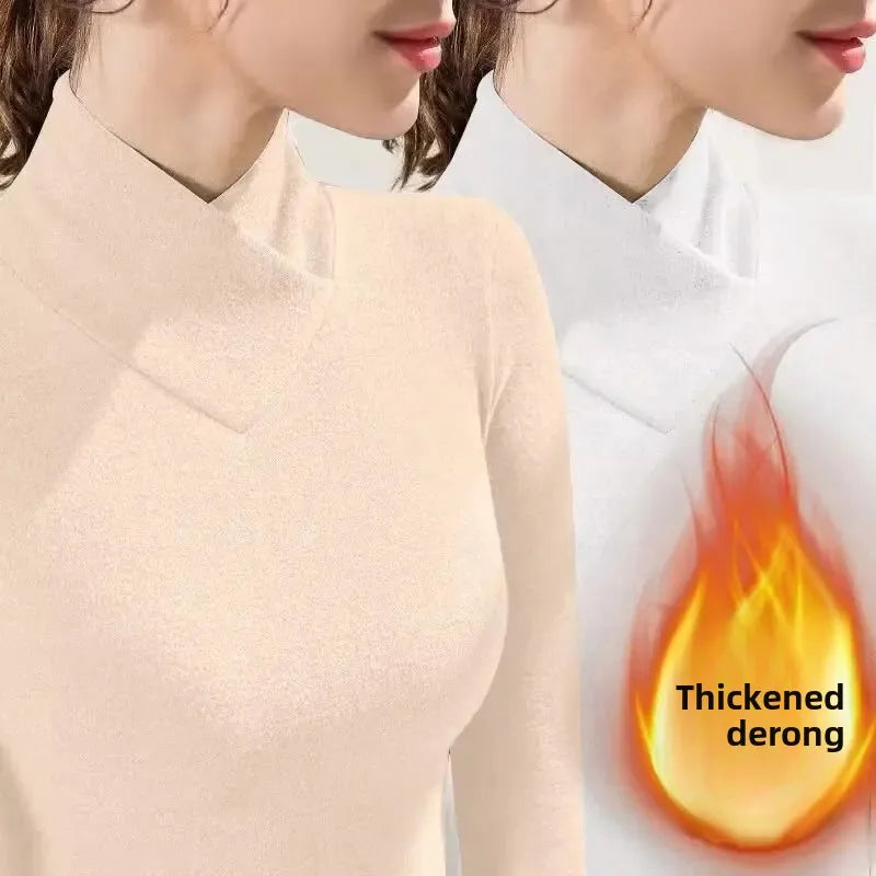 Damen-Shirts aus dickem Fleece mit V-Ausschnitt und halbhohem Kragen