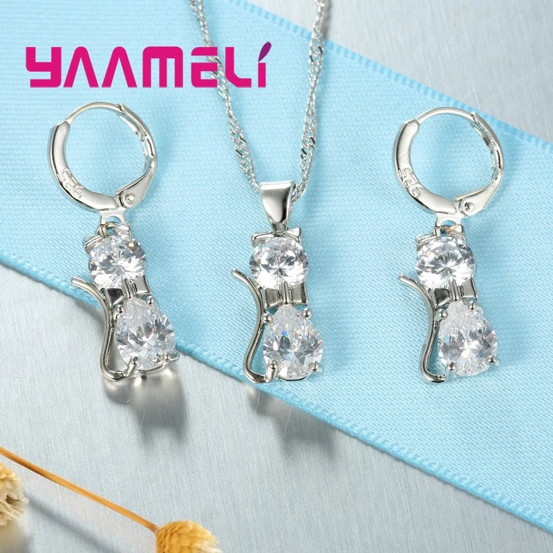 Sterling Silver Color Shining Austrian Crystal Pendant Necklace Huggee Earring Jewelry Sets