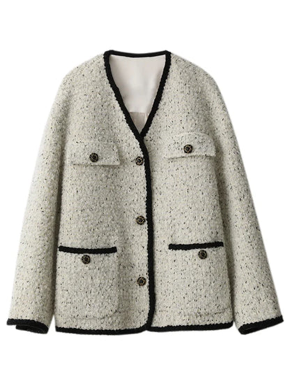 Vintage V-Neck Woolen Down Jacket for Women
