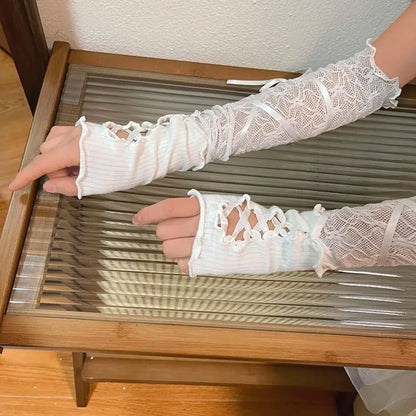 Gants sans doigts en dentelle noire gothique pour femmes – maille élastique