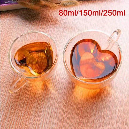 Heart-shaped Double Wall Glass Coffee Mug Set