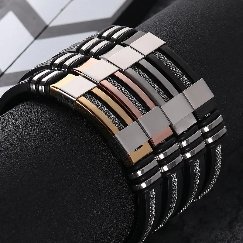 Black Grooved Rudder Stainless Steel Punk Bracelet