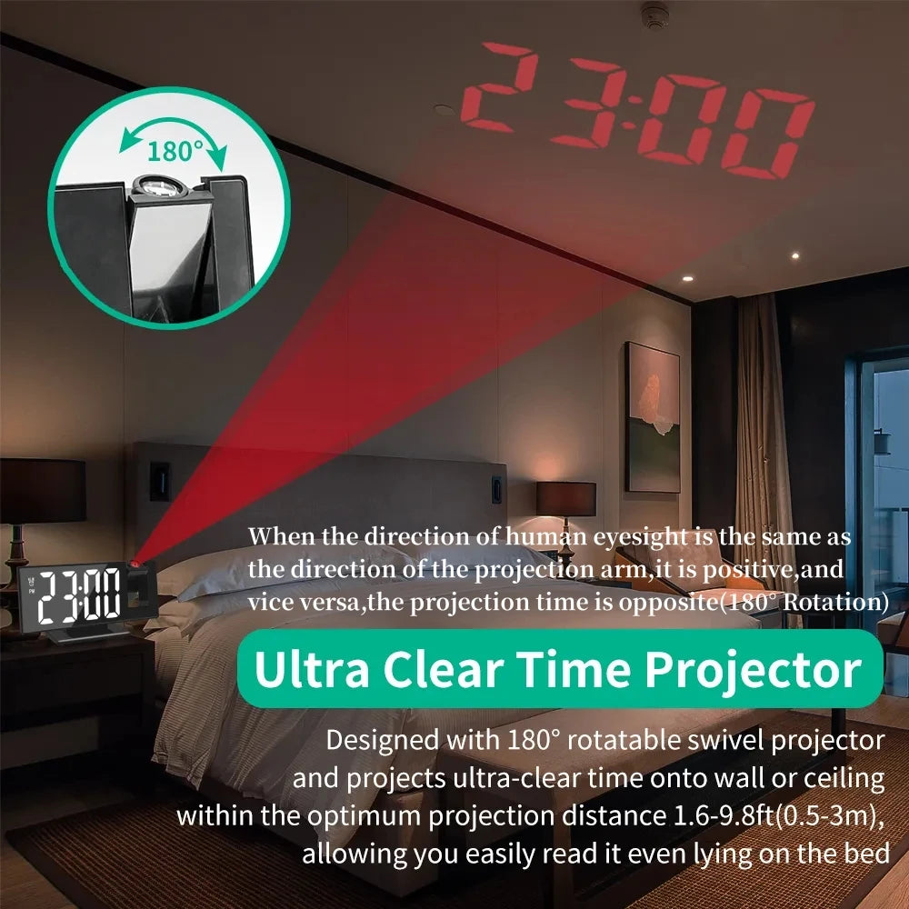 USB-Powered Digital Alarm Clock with 180° Projection & Temperature Display