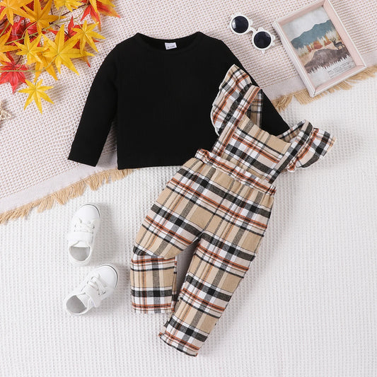 2-teiliges Baby-Set für Mädchen, reinschwarzes Langarm-T-Shirt und Overall-Hose