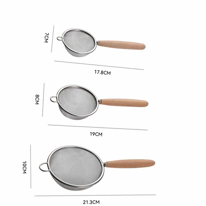 Crépines en acier inoxydable, cuillère, Mini filtre, presse-agrumes, filtre, passoire à mailles pour la cuisson et la friture, manche en bois