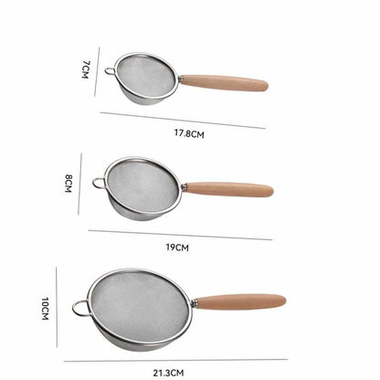 Crépines en acier inoxydable, cuillère, Mini filtre, presse-agrumes, filtre, passoire à mailles pour la cuisson et la friture, manche en bois