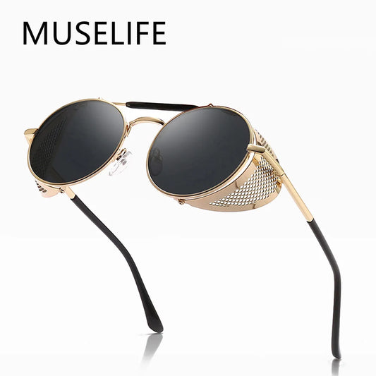 Runde Retro-Steampunk-Sonnenbrille aus Metall für Herren und Damen