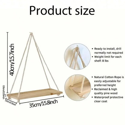 1PC Wooden Swing Hanging Hemp Rope Wall Shelves Mounted Floating Home Living Room Plant Flower