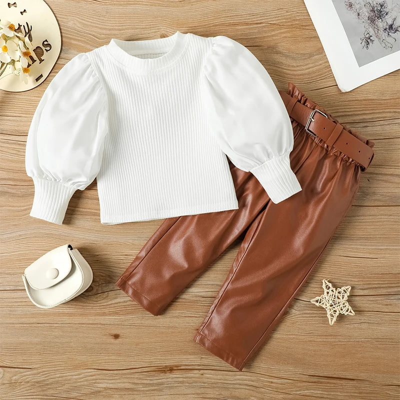 Girls' Puff Sleeve Ribbed Top & Pants