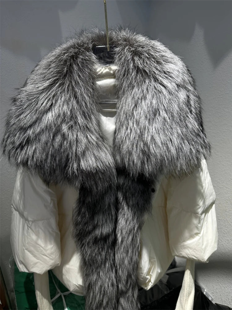 Real Silver Fox Fur Collar Coat – Knit Sleeve & Down Jacket