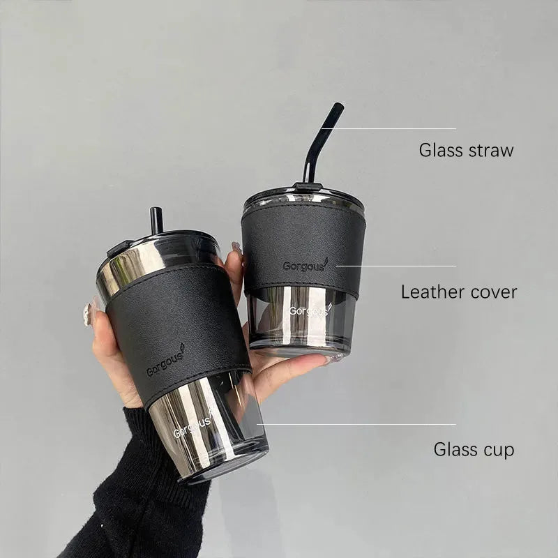 Tasse à café en paille résistante à la chaleur avec couvercle, 350/450ml