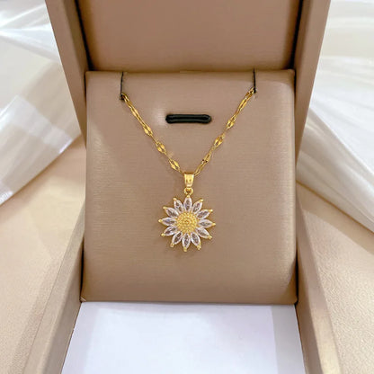 1PCS Gold-color Necklace Flower Pendant Inlaid Zirconia Titanium Steel Chain