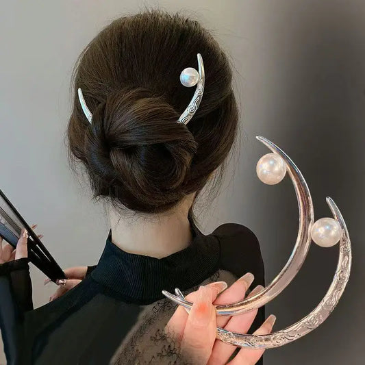 Vintage Silber Halbmond Perlen Haarspange