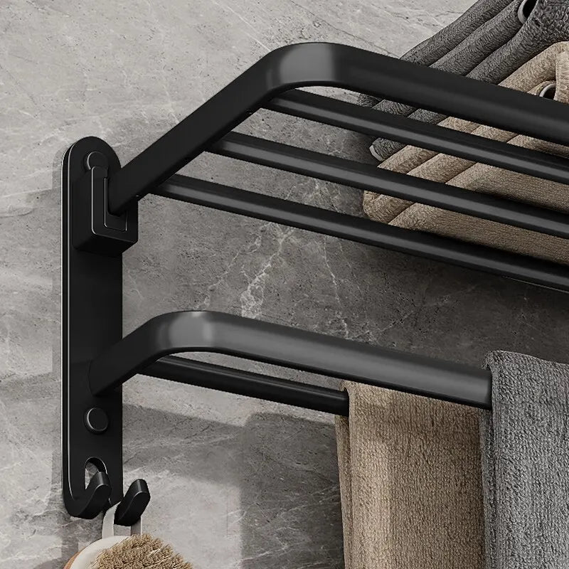 Matte Black 50CM Folding Towel Holder with Hook - Wall Mount