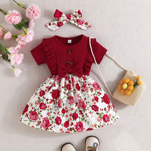 Kids Girls Short Sleeve Tops & Floral Print Half Skirt Clothes Set
