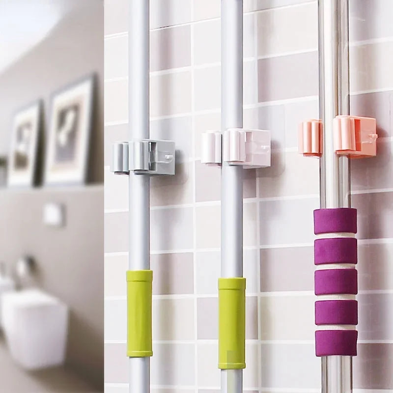 Punch-Free Wall-Mounted Mop Holder with Self-Adhesive Hooks