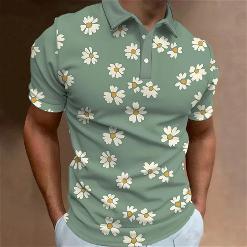 Men's Polo Shirt Fashion 3D Printed Flower Pattern Lapel Short Sleeve Top Summer New Leisure Vacation Street Breathable Clothing